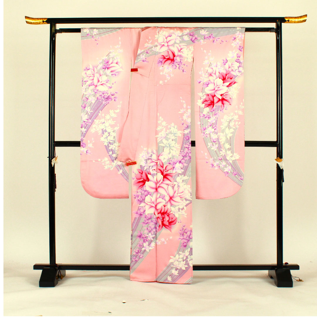 振袖 身丈165.5cm 裄丈64cm 袷 京友禅 花模様 正絹 Aランク ピンク系 1113000563513