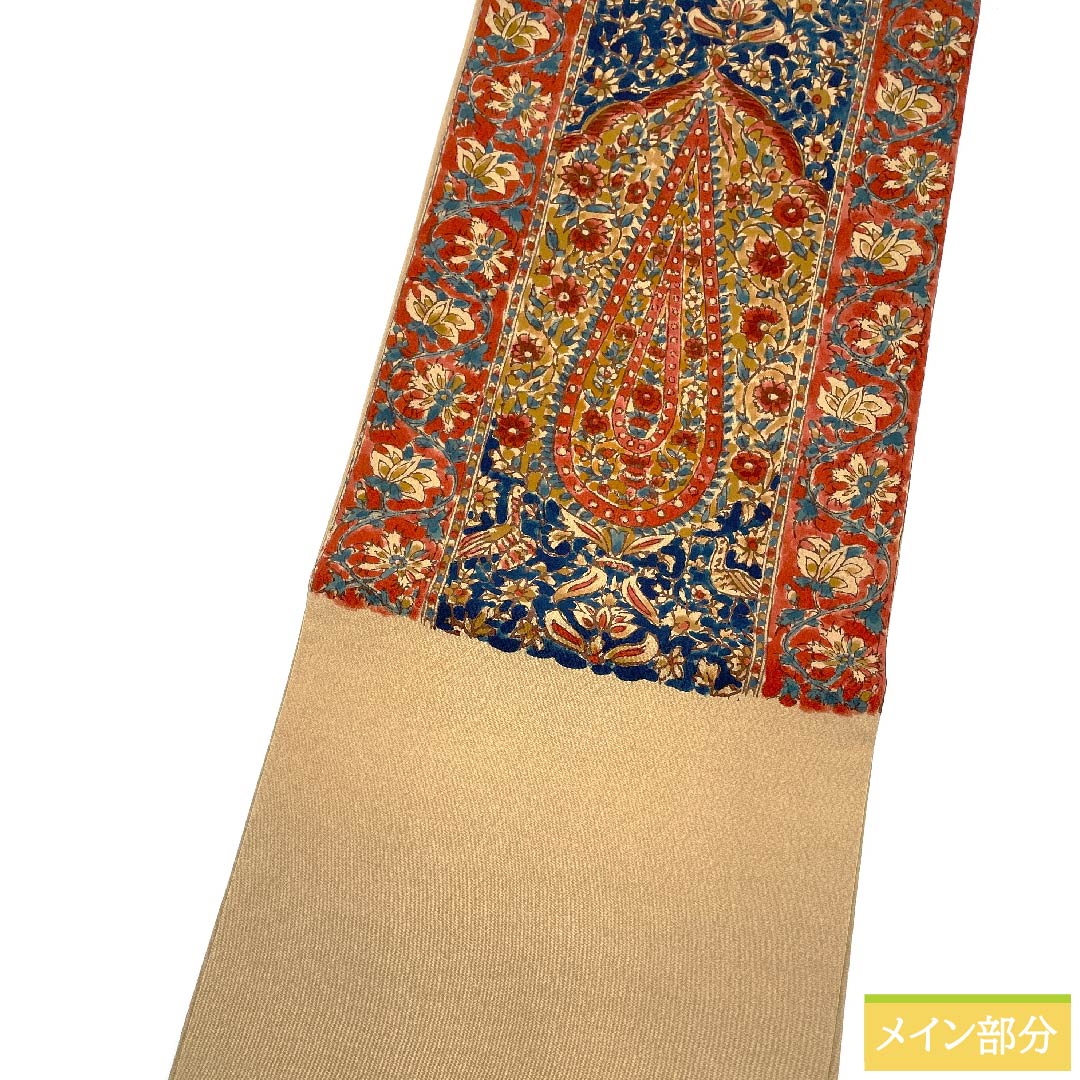 名古屋帯 山吹鼠色 更紗模様 帯丈359.5cm 正絹 Aランク ポイント柄 カジュアル ベージュ系 1124006063325 名古屋仕立て