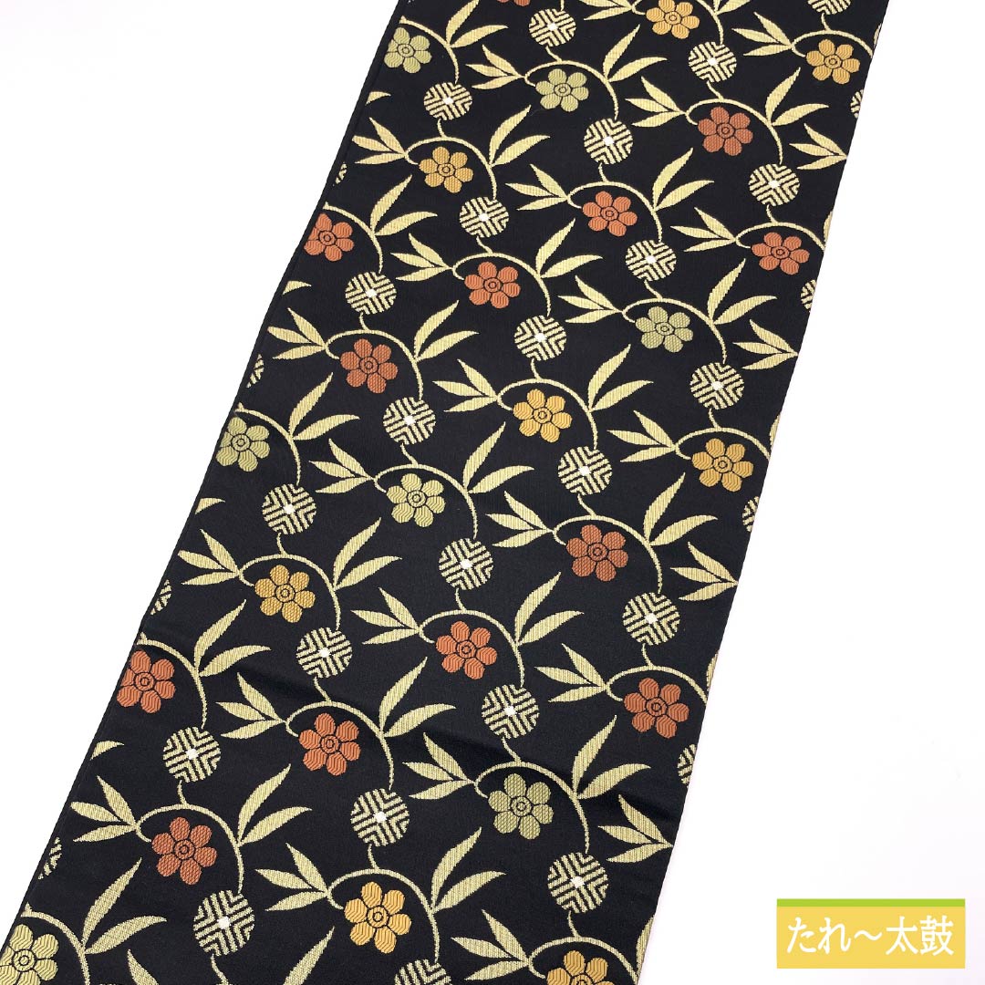 名古屋帯 唐花 帯丈366cm 正絹 Sランク 六通 セミフォーマル 黒系 1124008482310 名古屋仕立て