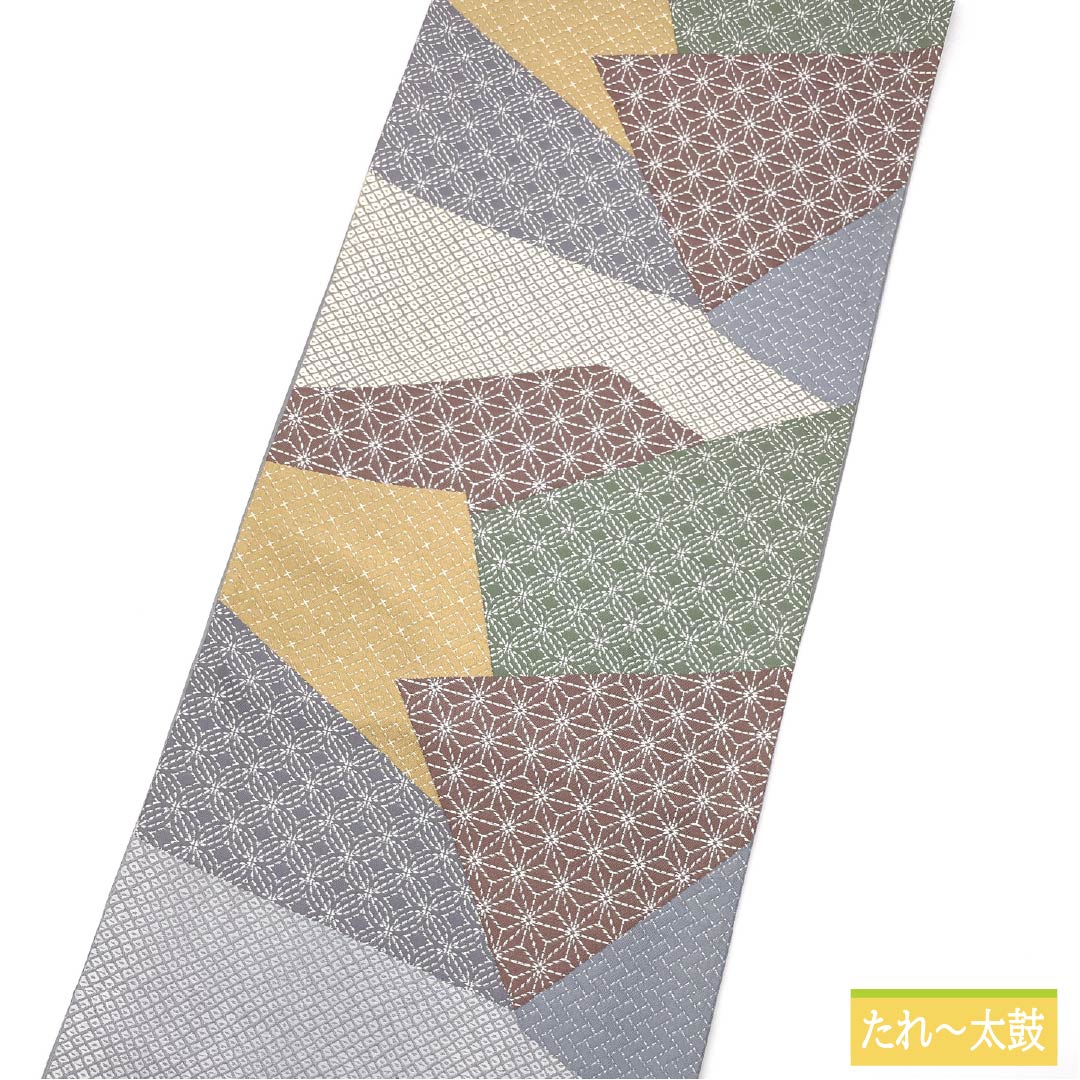 袋帯 正絹 切りばめ風 麻の葉 七宝 鹿の子模様 帯丈430cm Sランク 六通 セミフォーマル グラデーション系 1123014992399