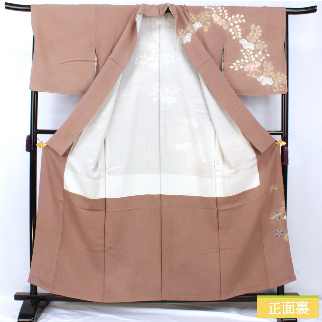 Homongi (formal kimono) made of pure silk, rank B, lined, length 158cm, sleeve length 67cm, Saganezuiro (Saga gray) color, tie-dyed, paulownia wood crepe, brown with basting thread, product number 1112007084314