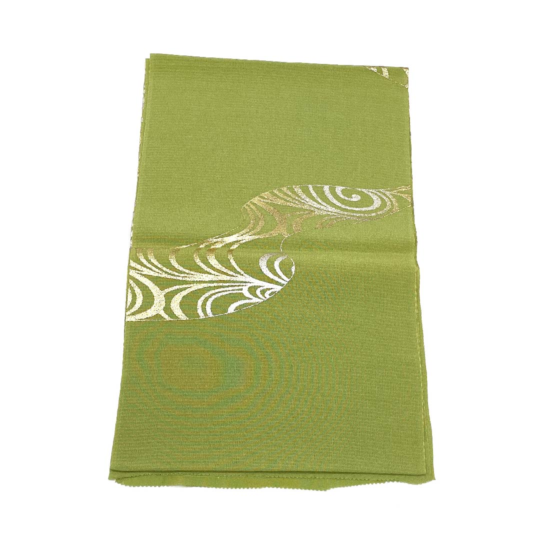 (新古品) 帯揚げ 正絹 フォーマル 若菜色(わかないろ) 金銀箔 流水 渦 長さ約168cm 幅約28.5cm Sランク 緑系 1136000262919