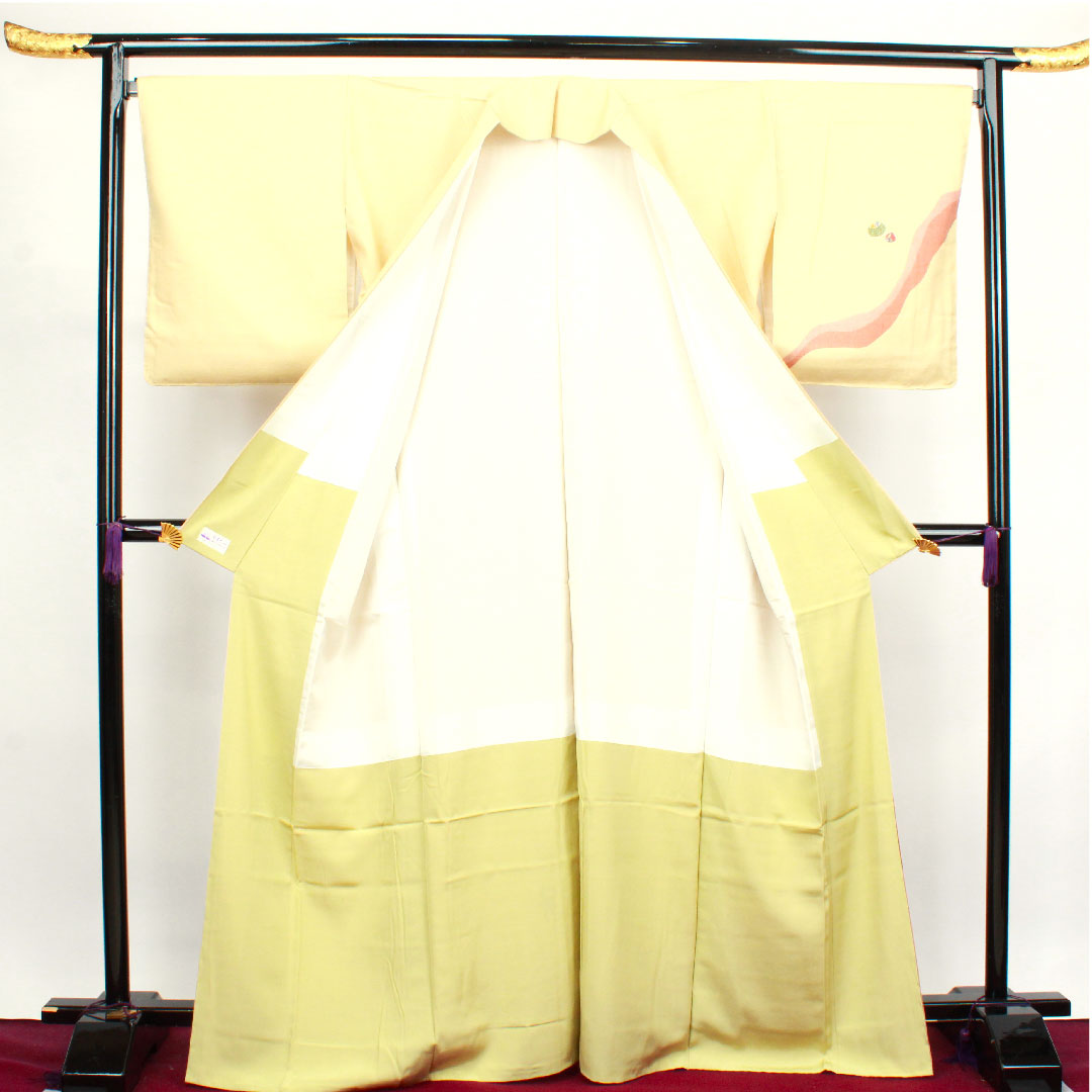 Homongi, lined, length 169cm, sleeve length 69cm, light egg color, Monkey and Crab Battle, pongee fabric, pure silk, S rank, cream color, 1112002612515