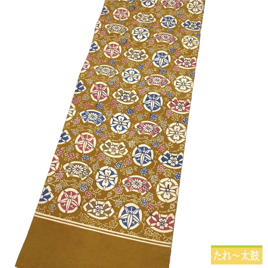 名古屋帯 正絹 Sランク 開き仕立て 黄茶色(きちゃいろ) 型染 古典柄 草木染 帯丈342cm 全通 カジュアル 茶系 1124012192314