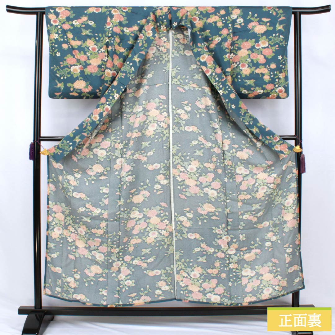 Polyester Komon, Rank A, Length 155.5cm, Sleeve-to-sleeve 62cm, Unlined, Ura-iro color, Katazome, Chrysanthemum, Bird, Washable Kimono, Blue, 1115007893317