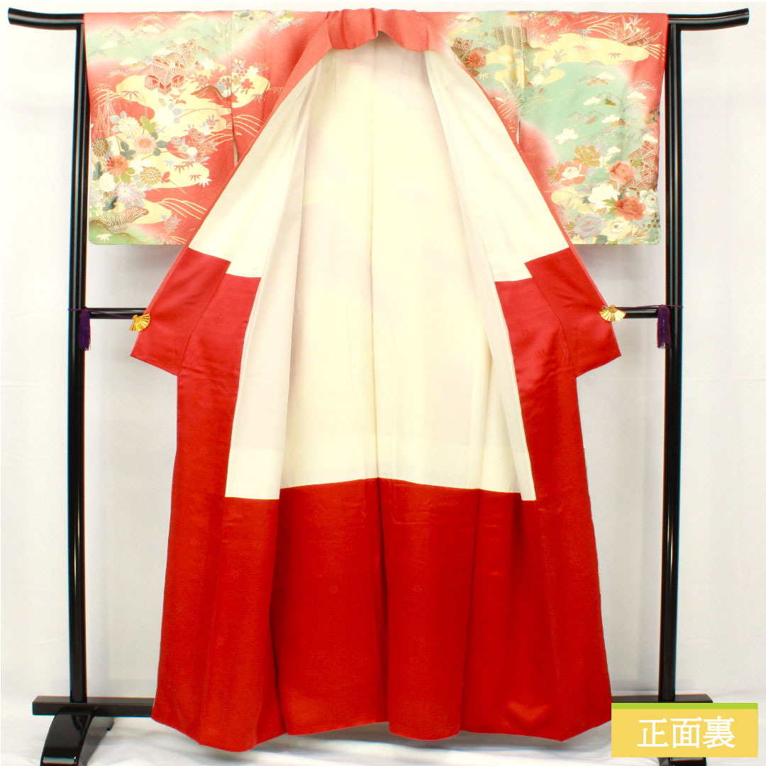 訪問着 正絹 袷 身丈160cm 裄丈63cm 珊瑚色(さんごいろ) 京友禅 刺繡 吉祥文様 Aランク ピンク系 1112005423413
