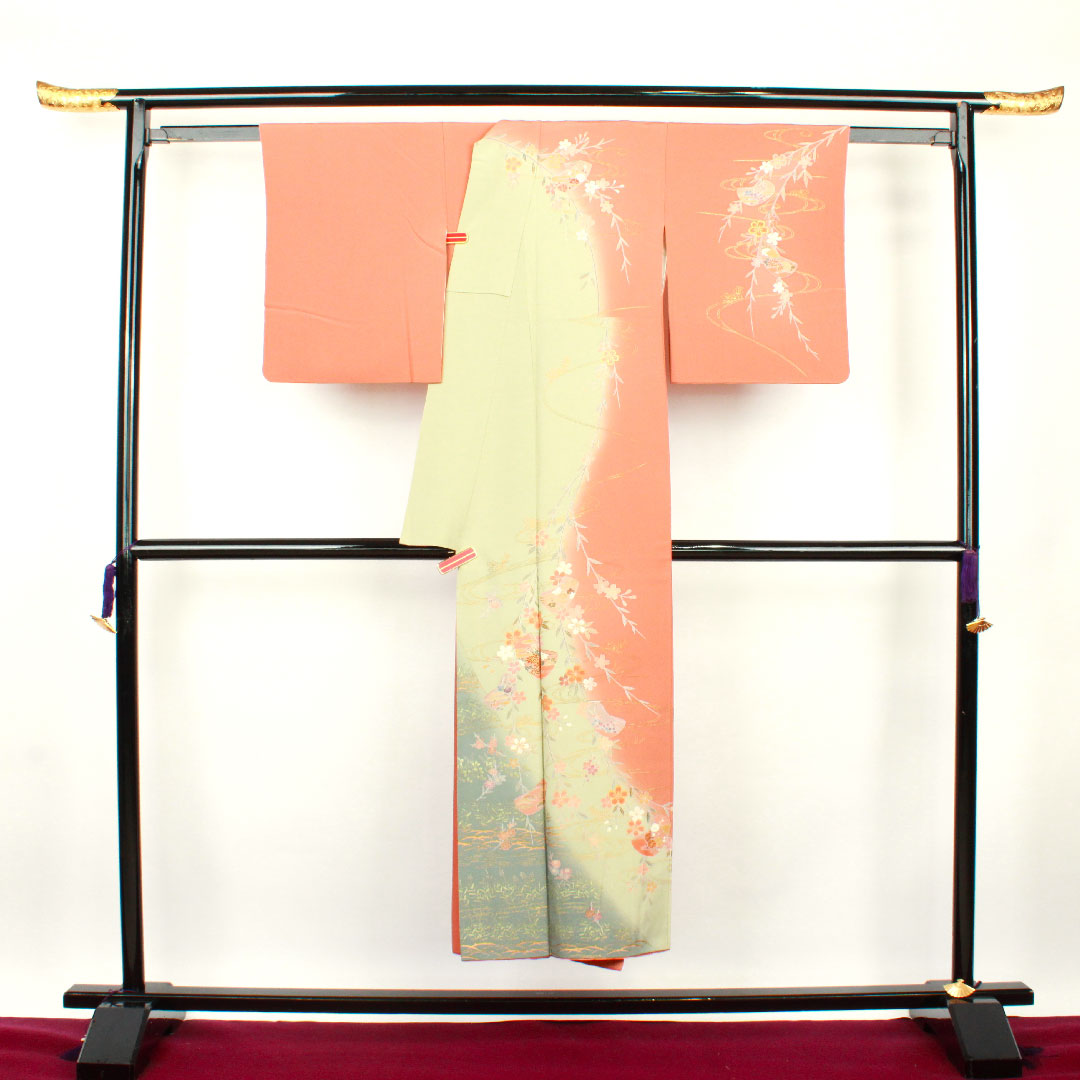 訪問着 袷 身丈145cm 裄丈63cm 珊瑚色 京友禅 桜 流水 正絹 Aランク 朱系 1112002053116