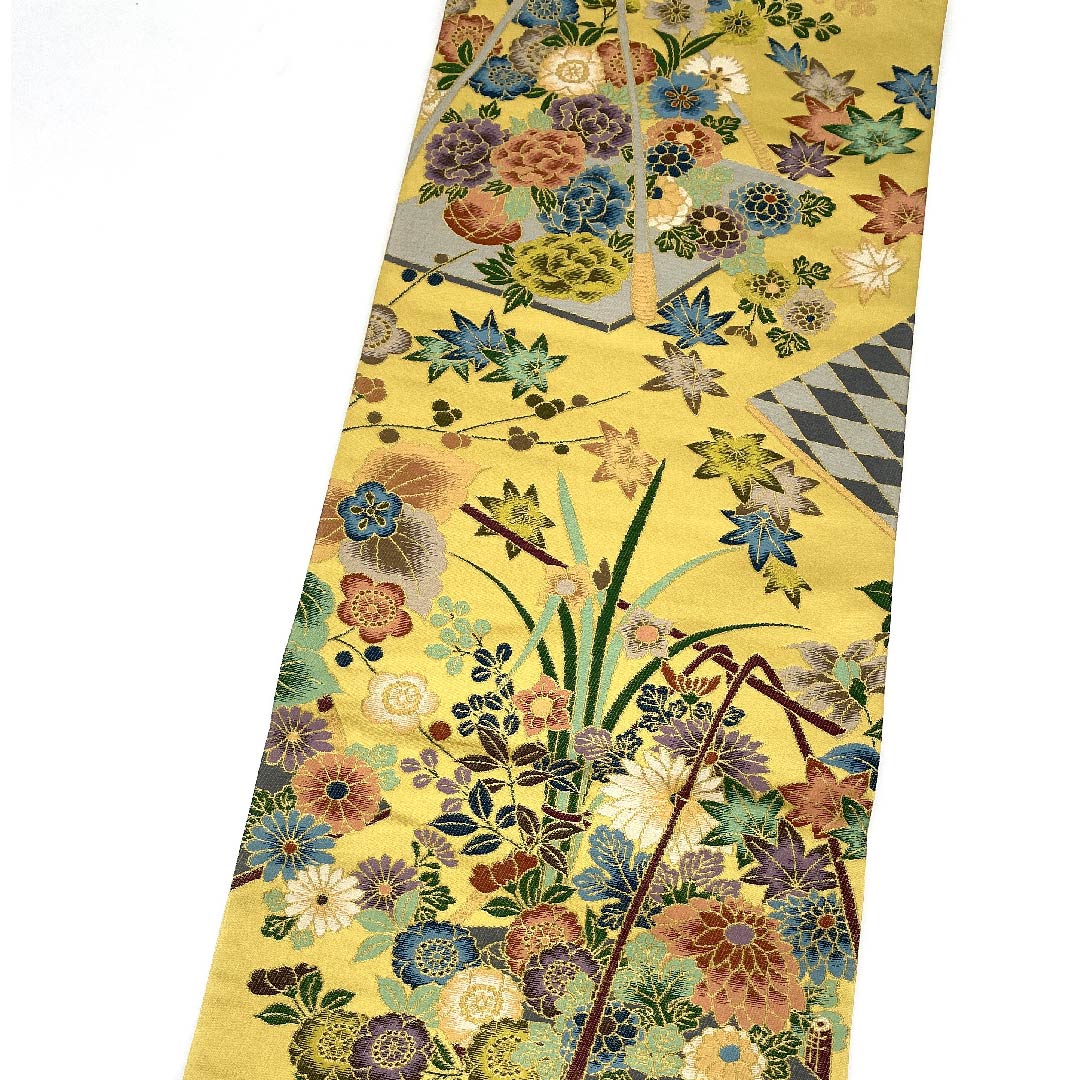 Fukuro Obi (Fukuro obi) in yellow paper color, Shiraayaen Oba, Hanagoshi, obi length 449cm, pure silk, S rank, six-pass, formal, beige, 1123009462325
