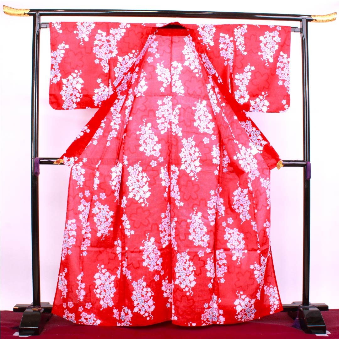 浴衣 土耳古赤色 梅 桜 木綿 Sランク 単衣 身丈165cm 裄丈65.5cm 赤系 1118004232512