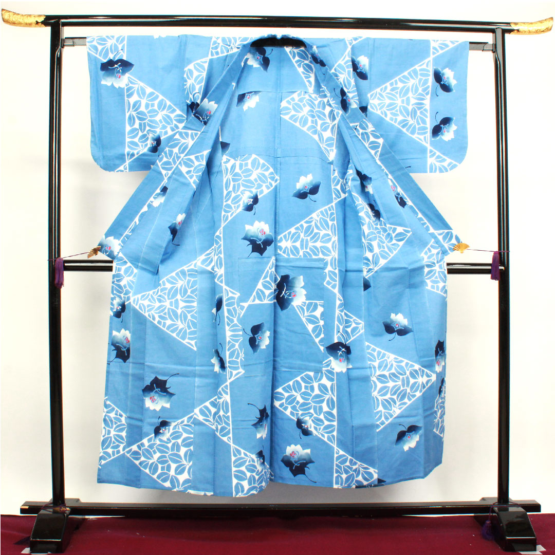 浴衣 空色 草花模様 木綿 Sランク 単衣 身丈150.5cm 裄丈64cm 水色系 1118002562124