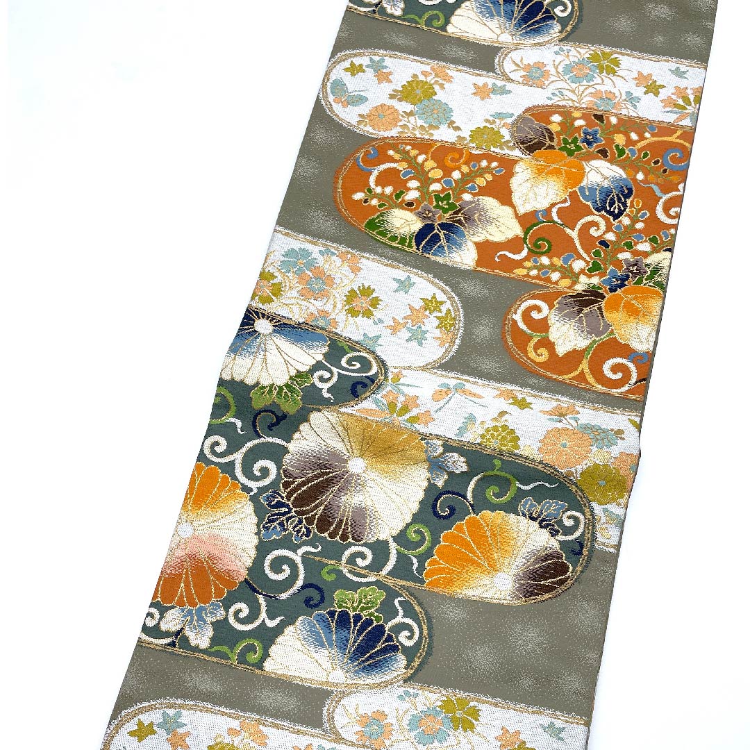 袋帯 白綾苑大庭 菊 桐 帯丈439cm 正絹 Sランク 六通 フォーマル グレー系 1123008592322