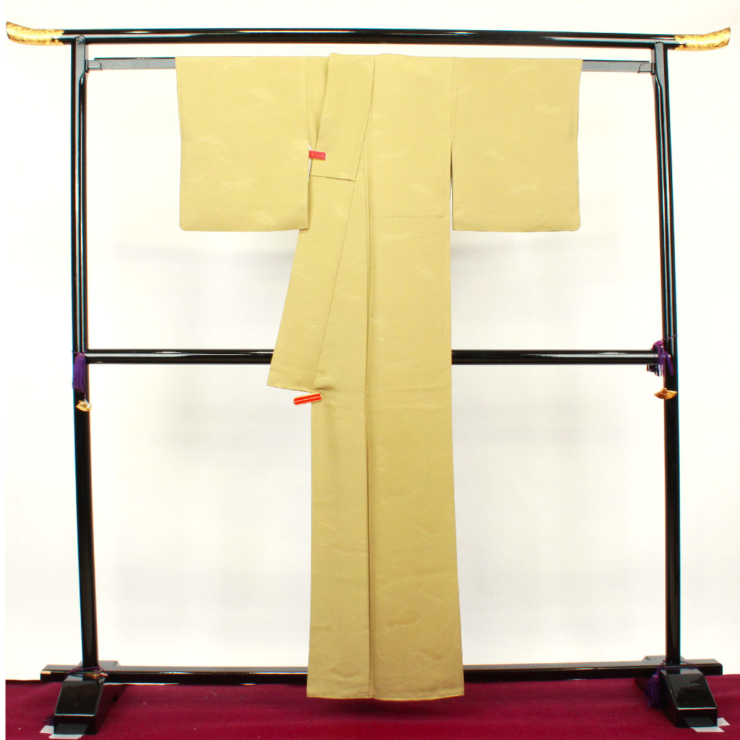 色無地 枯色 波 桔梗 身丈159.5cm 裄丈62cm 袷 正絹 Sランク 黄系 1114000582323