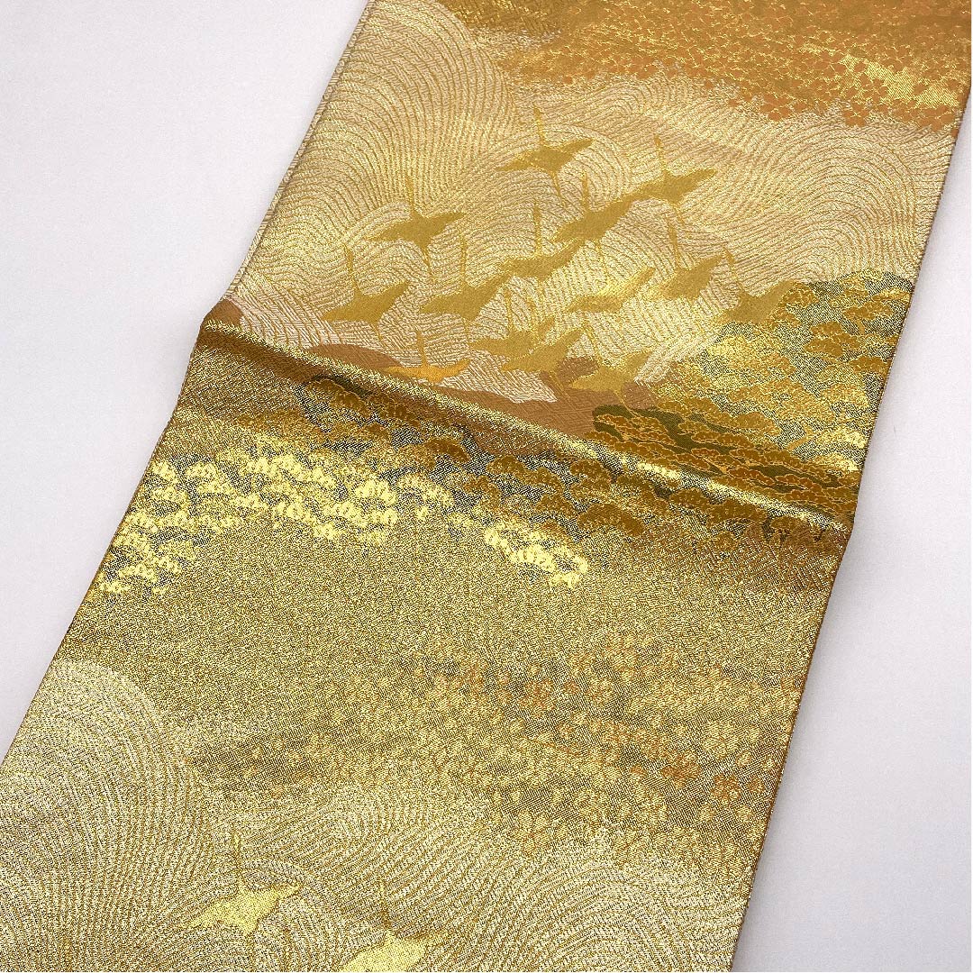 袋帯 金色 佐賀錦 桜 鶴 帯丈450cm 正絹 Aランク 六通 フォーマル 金系 1123006063321