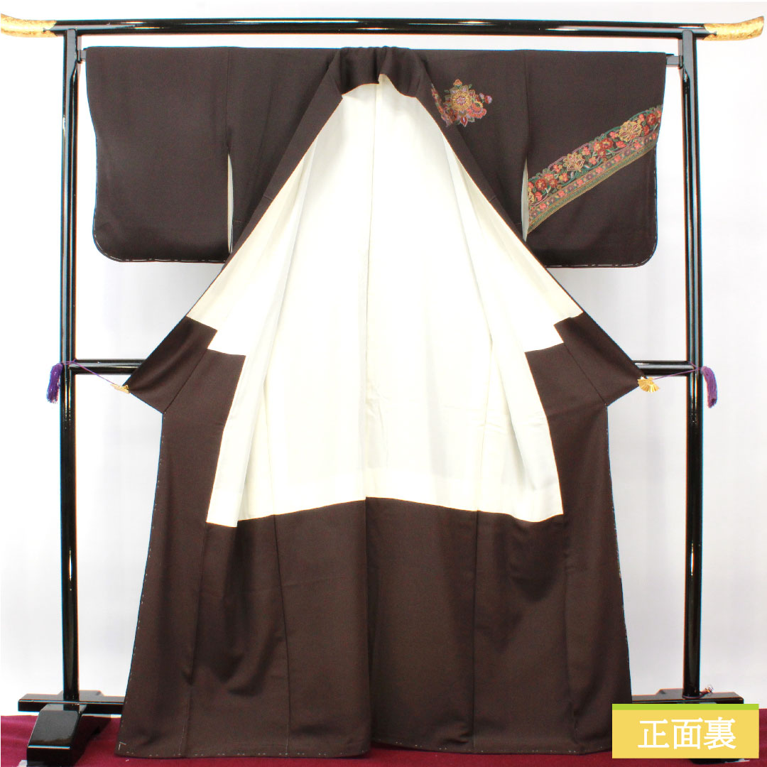 訪問着 正絹 袷 身丈167cm 裄丈67.5cm 蘇州刺繡 汕頭刺繡 しつけ糸付き 欧風文様 一つ紋 揚羽蝶 Sランク 茶系 1112003982514