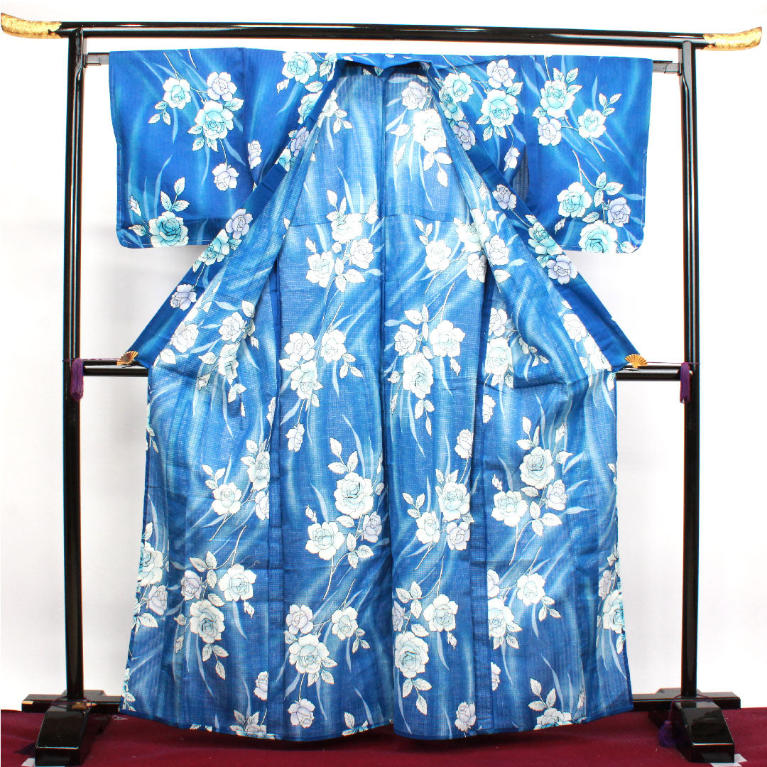 Yukata with basting thread, unused, lapis lazuli, rose, cotton, S rank, single layer, length 164.5cm, sleeve length 65.5cm, blue, 1118002932417
