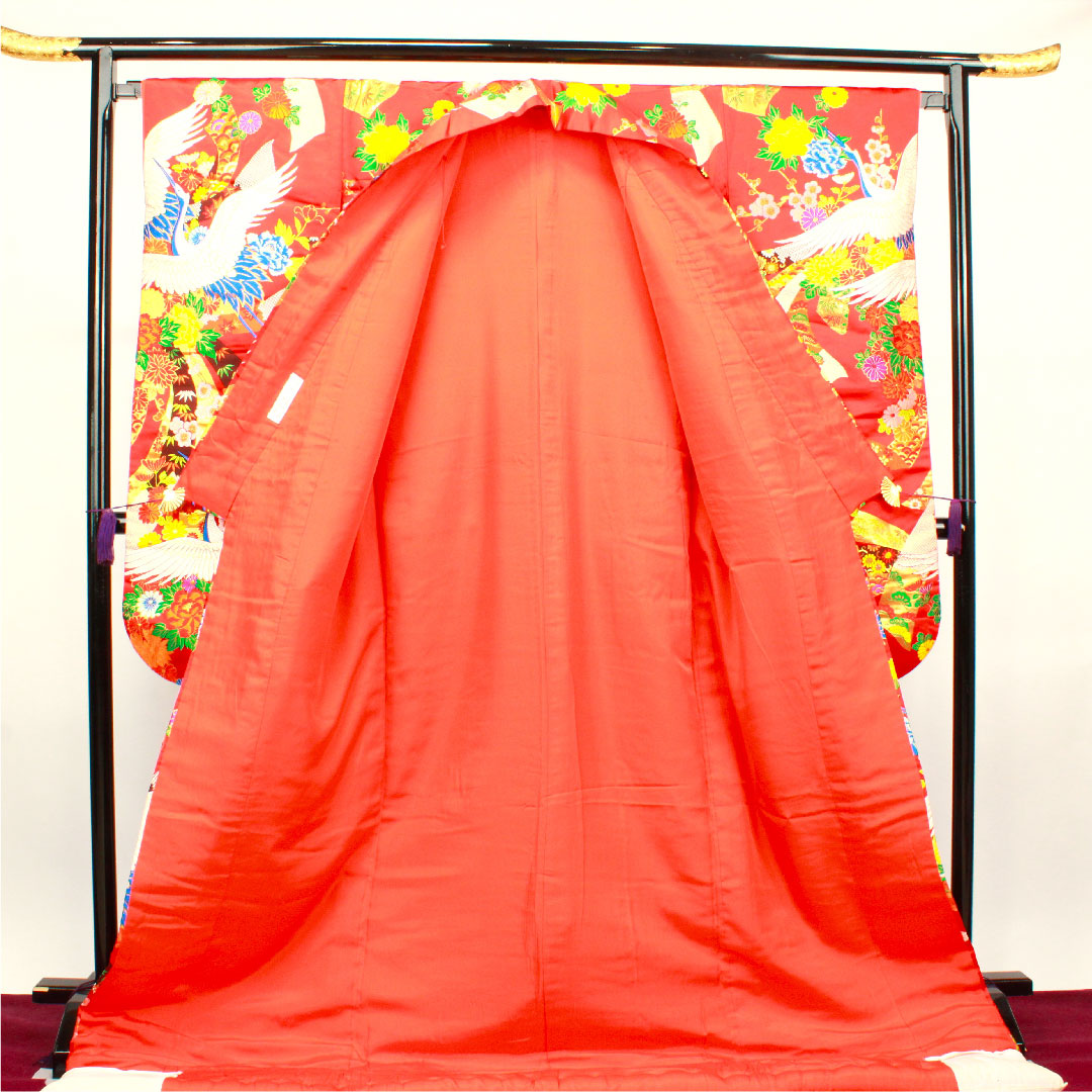 色打掛 身丈193cm 緋色 唐織 熨斗 鶴 正絹 Aランク 袷 朱系 1110000273916