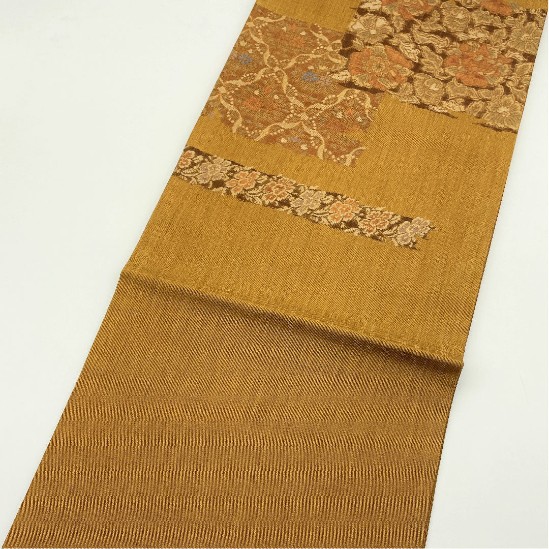 袋帯 香染色(こうぞめいろ) 花模様 帯丈420cm 正絹 Sランク ポイント柄 カジュアル 茶系 1123005152314