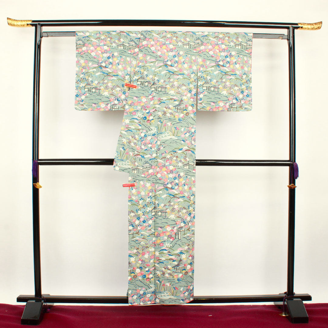 訪問着 袷 身丈155.5cm 裄丈62cm 沈香茶色 型染 茶屋辻 草花模様 正絹 Aランク グレー系 1112001783322