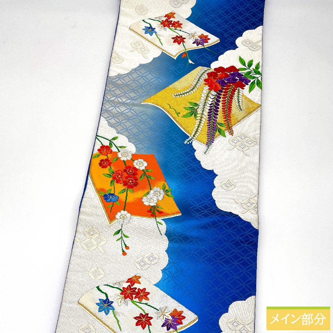袋帯 瑠璃色(るりいろ) 七宝 藤の花 桜 帯丈420cm 正絹 Aランク 六通 フォーマル 青系 1123010073317