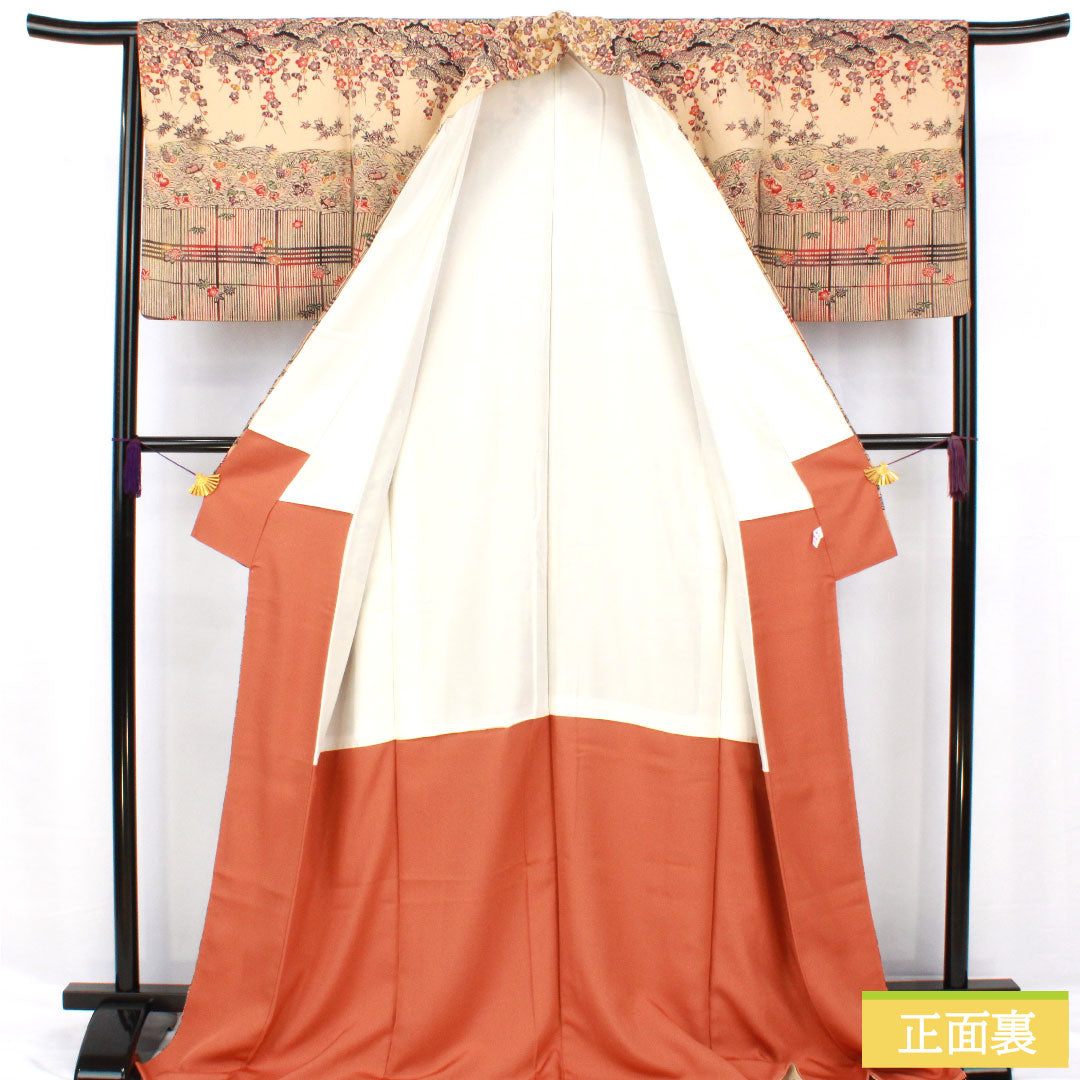 訪問着 正絹 袷 身丈172cm 裄丈64.5cm 松染色(まつぞめいろ) 京紅型 吉祥文様 シルファイン加工 ちりめん地 Sランク ベージュ系 1112005982625