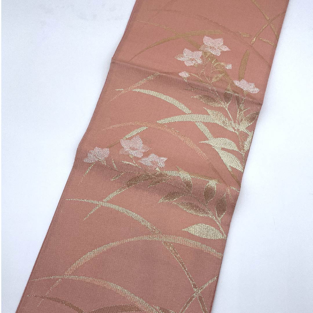 袋帯 薄紅梅色(うすこうばいいろ)夏帯 桔梗 露芝 帯丈424cm 正絹 Sランク 六通 フォーマル ピンク系 1123007272313
