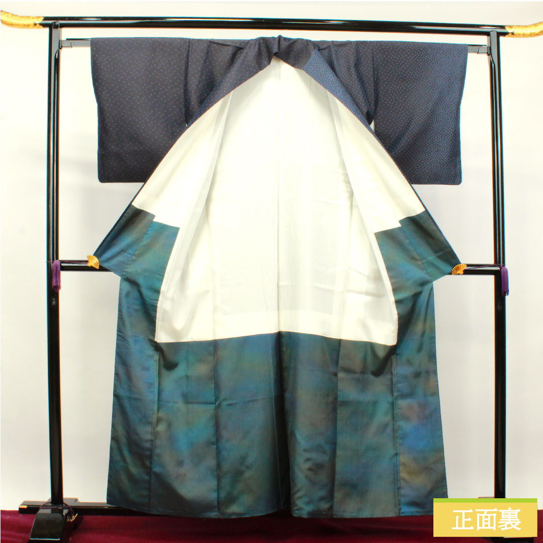 お召し 正絹 身丈157.5cm 裄丈61.5cm 菱屋六右衛門 風通お召 花びら Sランク 袷 紺系 1116003072318