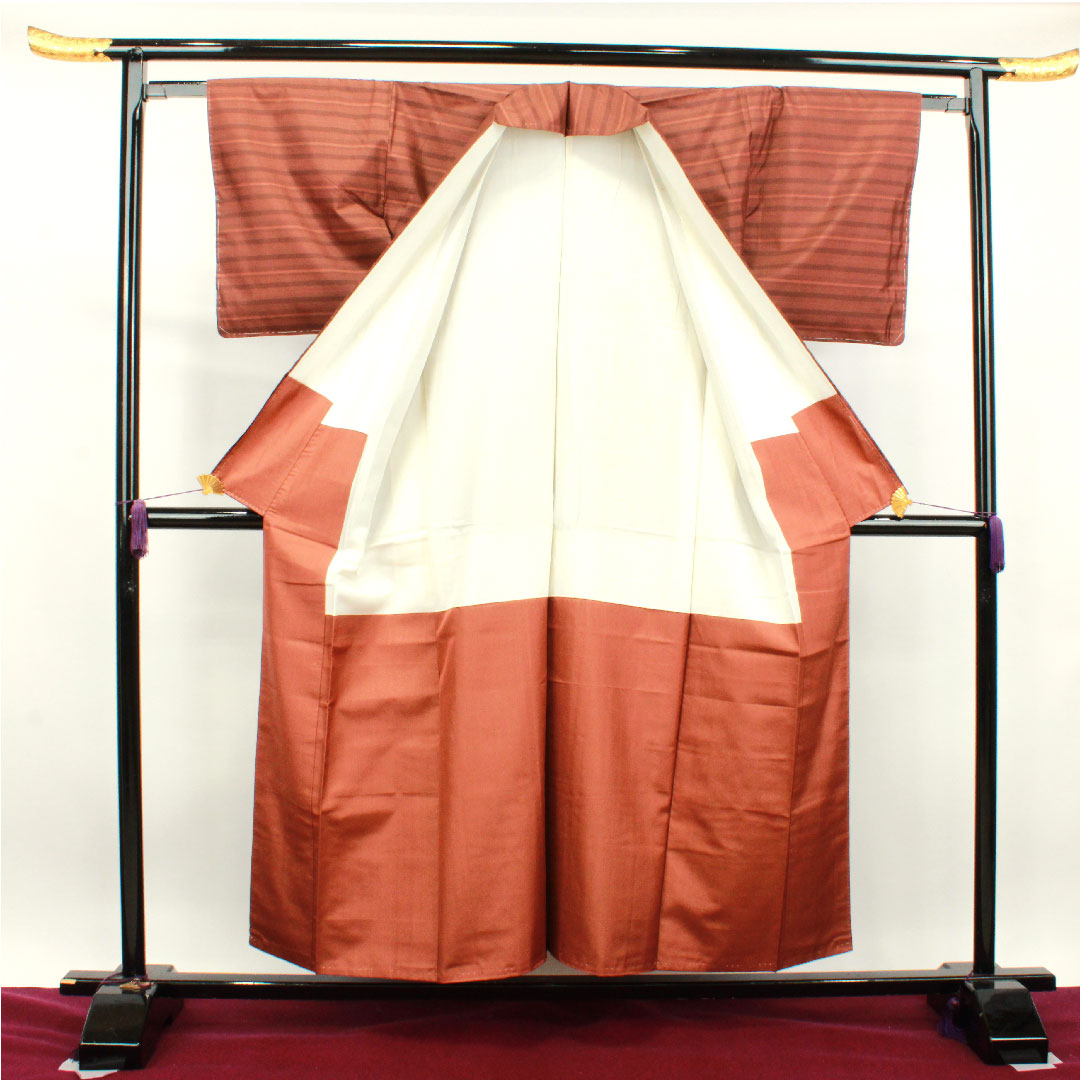紬 正絹 身丈155.5cm 裄丈62.5cm 横段 Aランク 袷 茶系 1116002793314