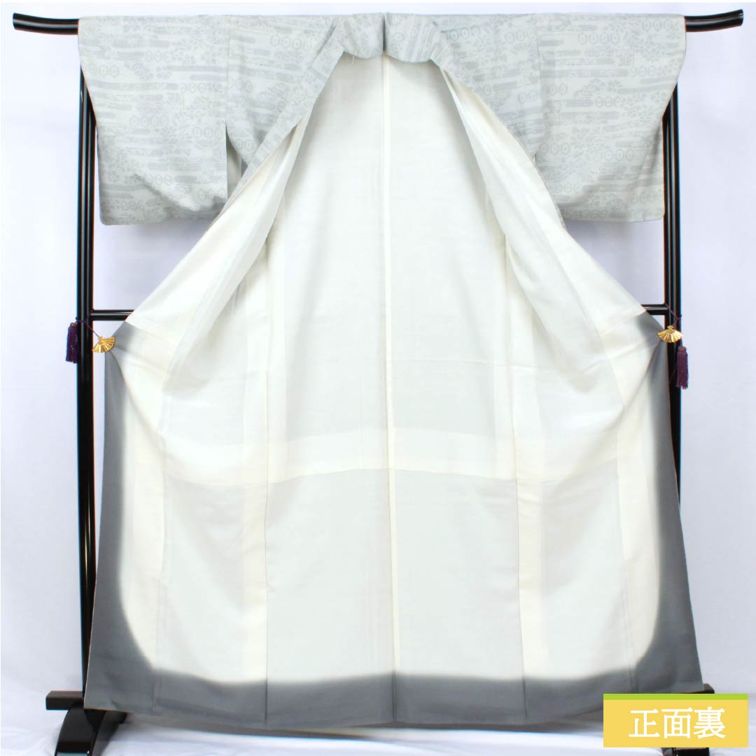 Pure silk tsumugi (pongee) kimono, S rank, length 165.5cm, sleeve length 67.5cm, fish belly white (gyo tohakuiro) pattern, Yuki tsumugi, 100% turtle shell pattern, lined, gray, product number 1116004672522