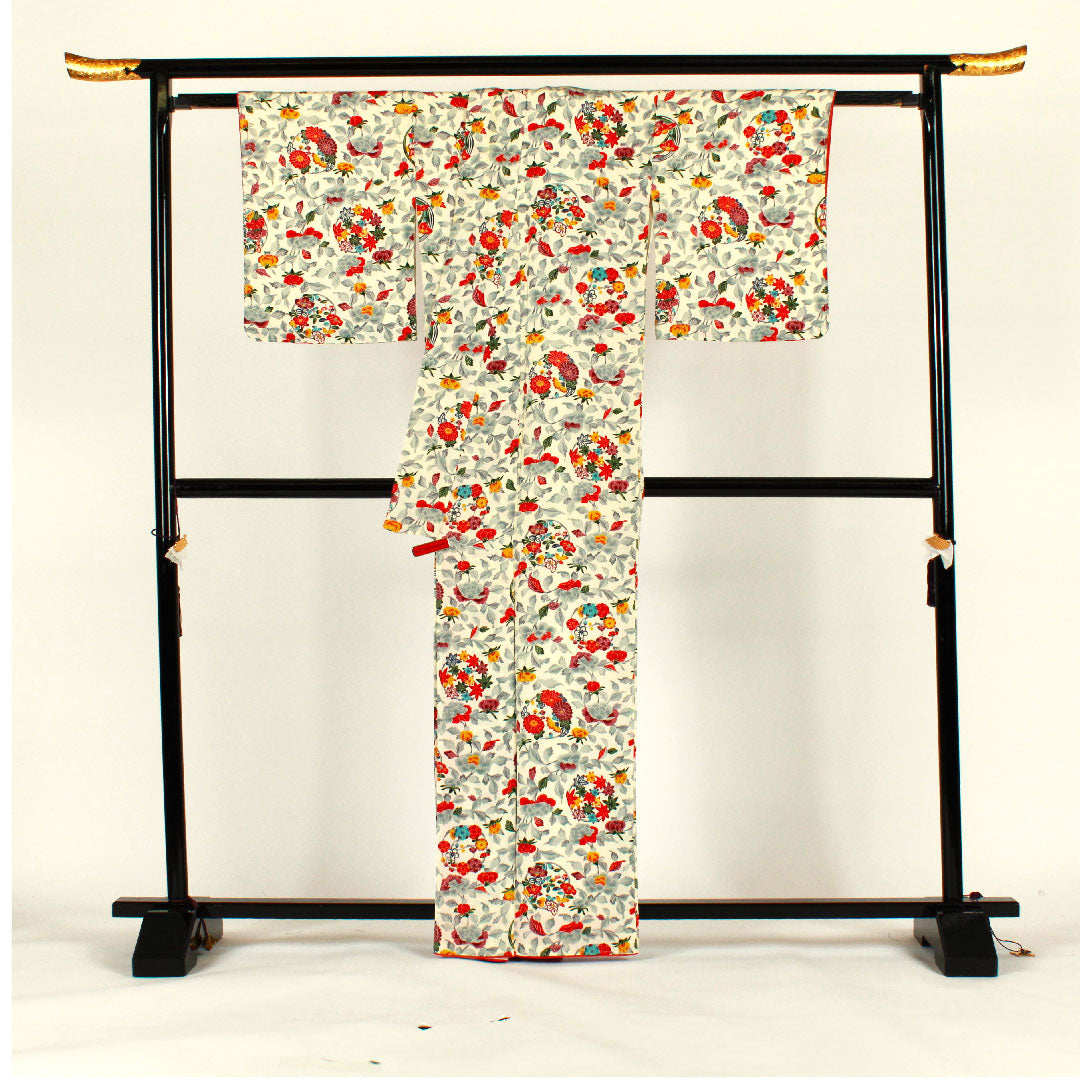 小紋 身丈164cm 裄丈67cm 袷 型染 菊 草花模様 正絹 Aランク 白系 1115001223311