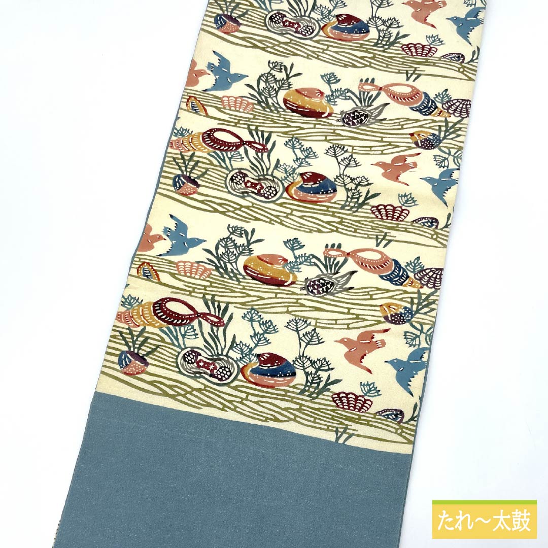 Nagoya obi, natural color, Kyoto Bingata, bird, Bingata-style pattern, obi length 336cm, pure silk, A rank, six-pass, casual, cream-colored, 1124007133315, open-fitting