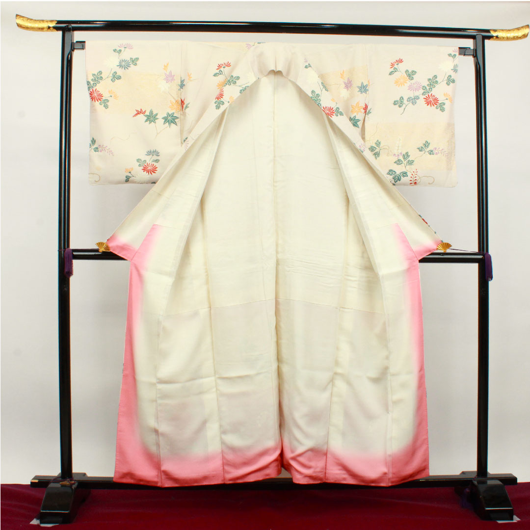 Homongi, pure silk, lined, length 155cm, sleeve length 65cm, milky white, pongee fabric, Kyoto yuzen, floral pattern, S rank, cream color, 1112003082315