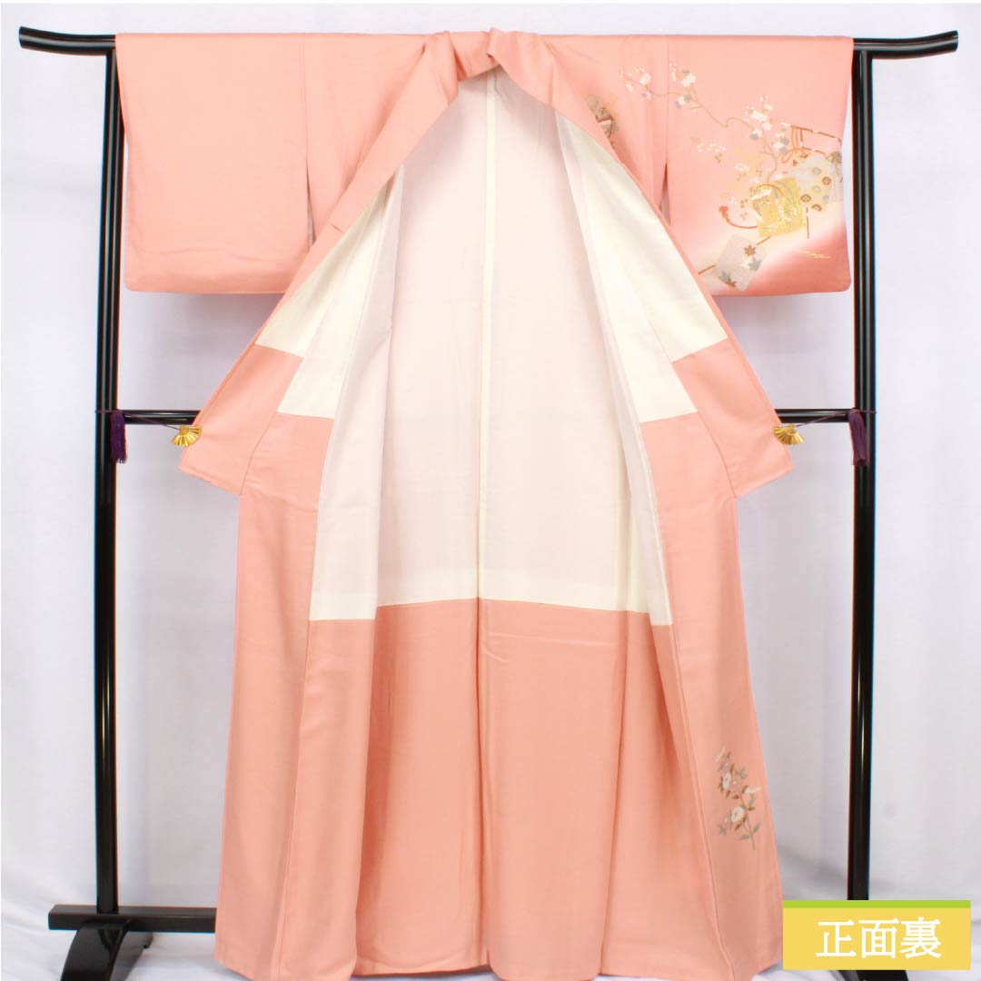 Visiting Kimono, Pure Silk, S Rank, Lined, Length 163.5cm, Sleeve Length 64cm, Tokiiro (Pink), Kyo-Yuzen, Classic Pattern, Shikishi (Colored Paper), Product Number: 1112006632413