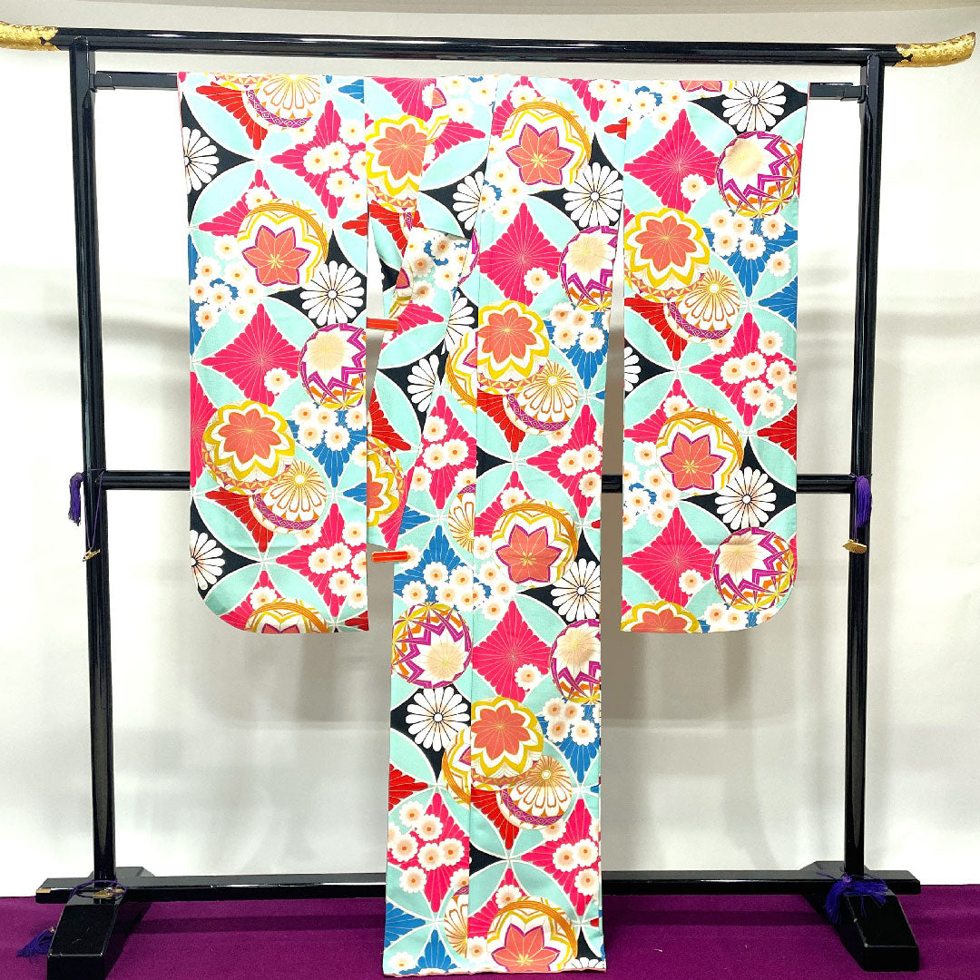 振袖 身丈170.5cm 裄丈70cm 袷 薄水色 洗える着物 鞠 七宝 ポリ Sランク 青系 1113001172617