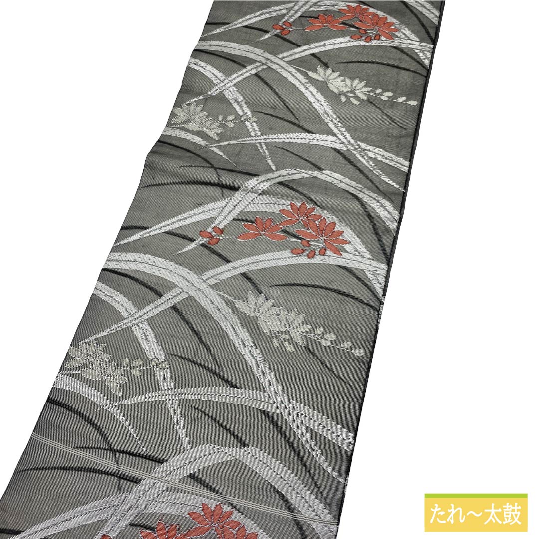 名古屋帯 正絹 Aランク 開き仕立て 黒色(くろいろ) 夏帯 草花模様 帯丈353cm 六通 セミフォーマル 黒系 1124012933310