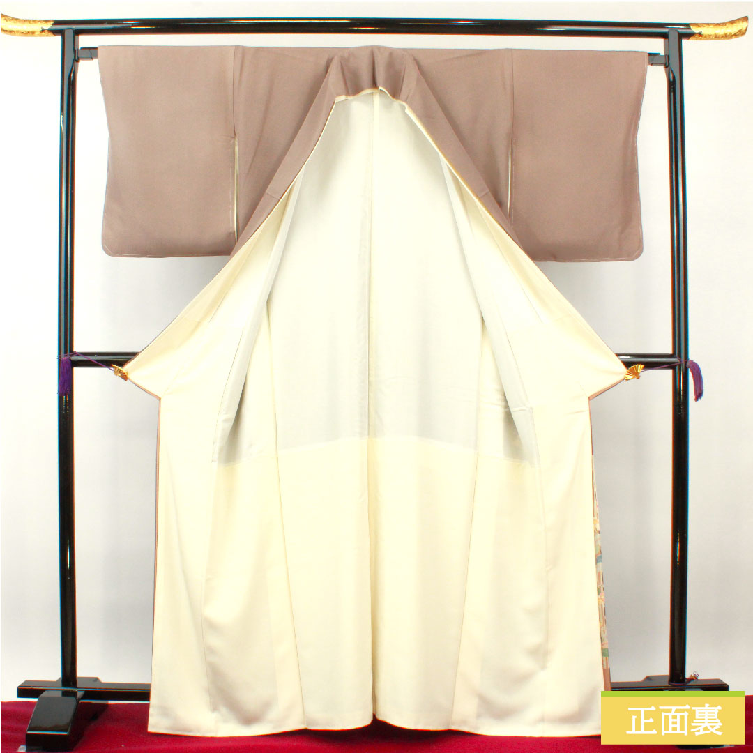 Colored Tomesode, pure silk, length 165cm, sleeve length 66cm, lined, plum gray, genuine Kaga Yuzen, Ichiro Kakimoto, floral pattern, three crests, circle with three split quince, B rank, three crests, purple, 1111001314520