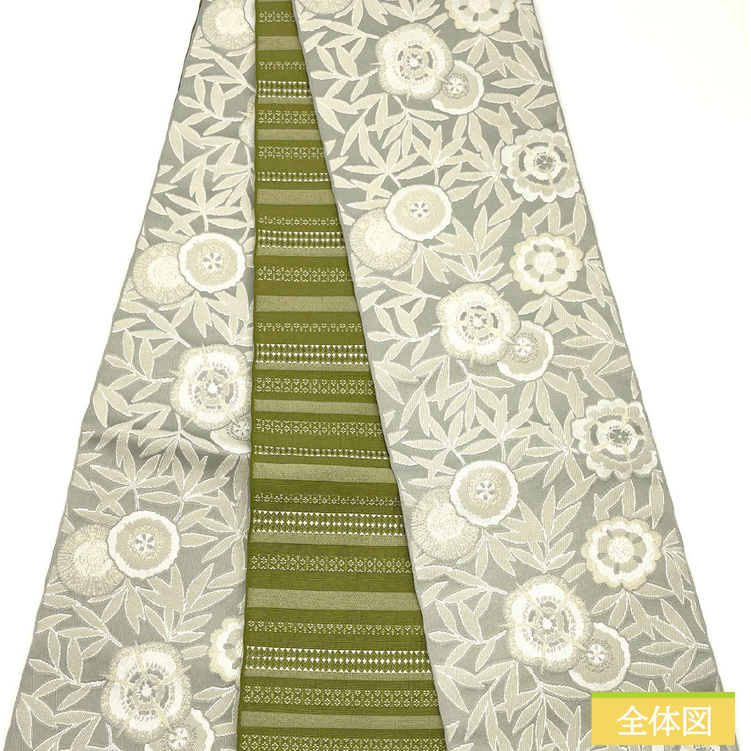(New) Half-width Obi, Polyester, New Rank, Light Sumi-ink Gray (usuzumiiro), Kujin-iro (kikujiniro), Floral Pattern, Horizontal Stripes, Reversible, Obi Length 400cm, Gray Tones, 1125002421422