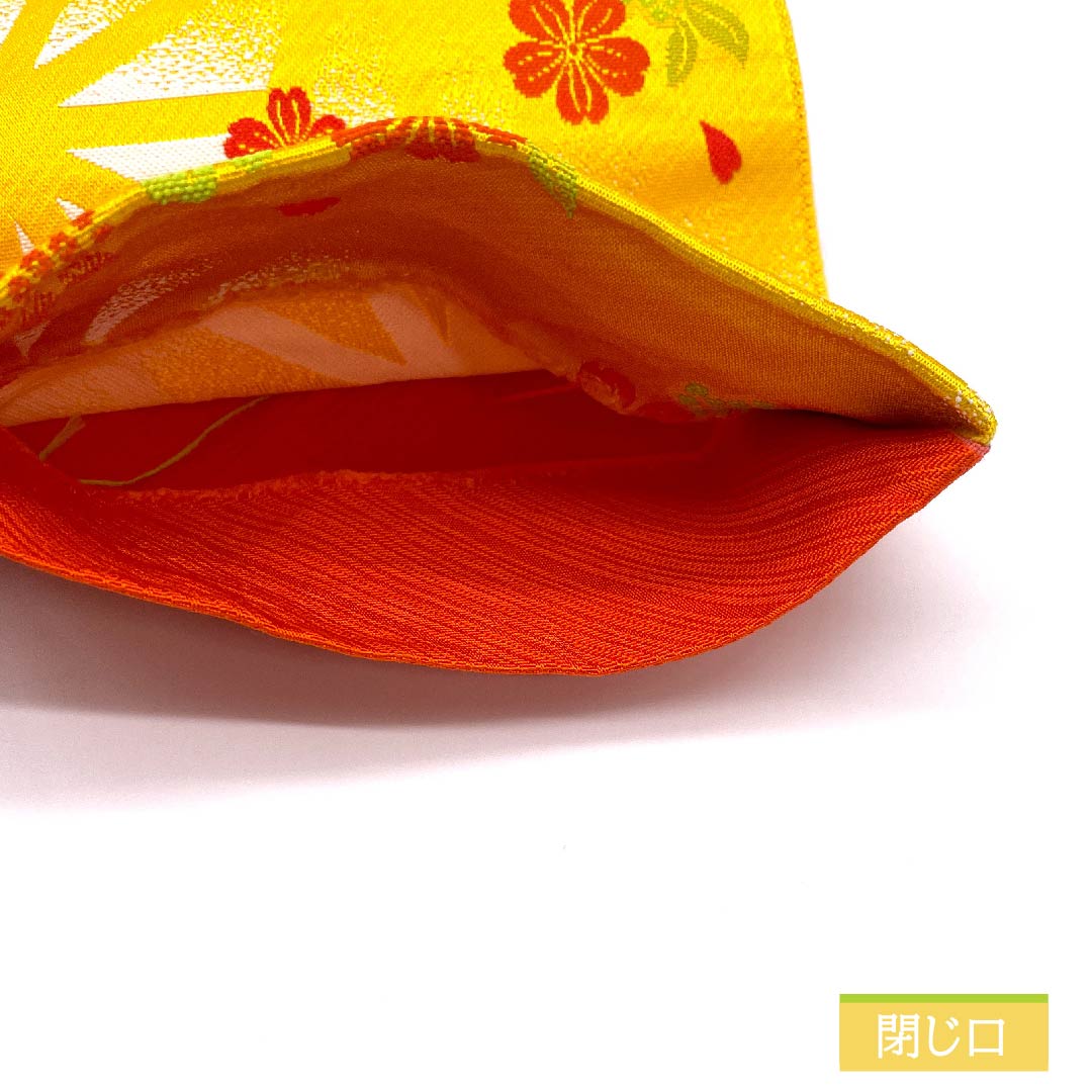 (未仕立)半幅帯 ポリエステル 濃卵色(こいたまごいろ) 花柄 小桜 麻の葉 木の実 古典柄 帯丈352cm 黄系 Sランク 1125000932323