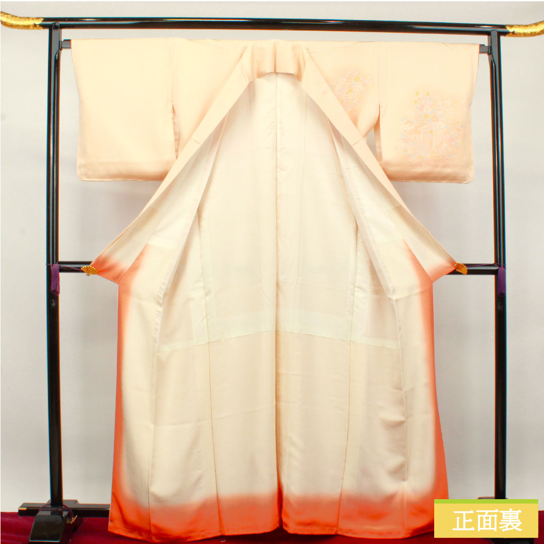 Homongi, pure silk, lined, length 164.5cm, sleeve length 66.5cm, light color, Kyo-Yuzen, floral pattern, Tango crepe, S rank, orange, 1112003502426