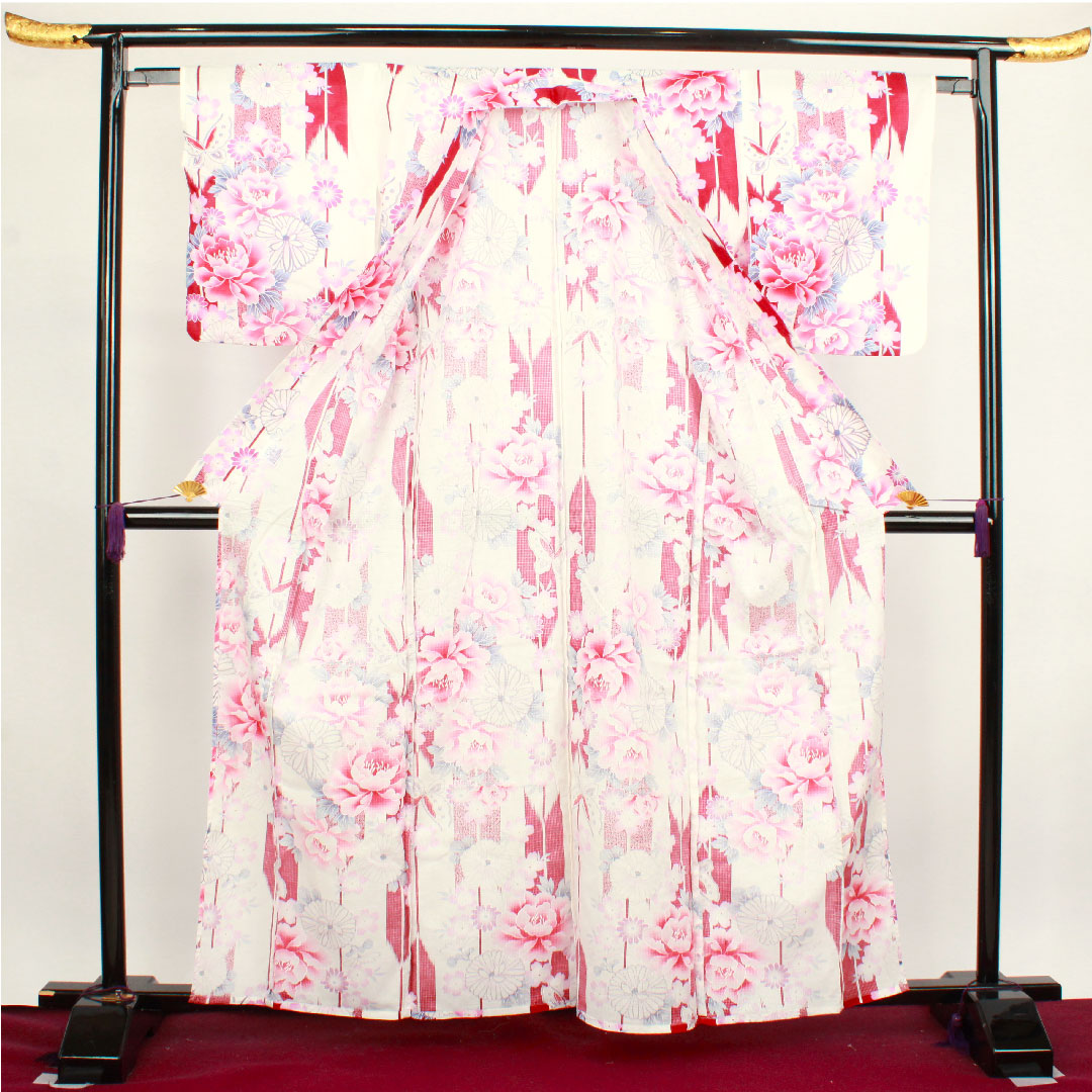 浴衣 草花模様 木綿 Sランク 単衣 身丈161.5cm 裄丈65.5cm 白系 1118001472411