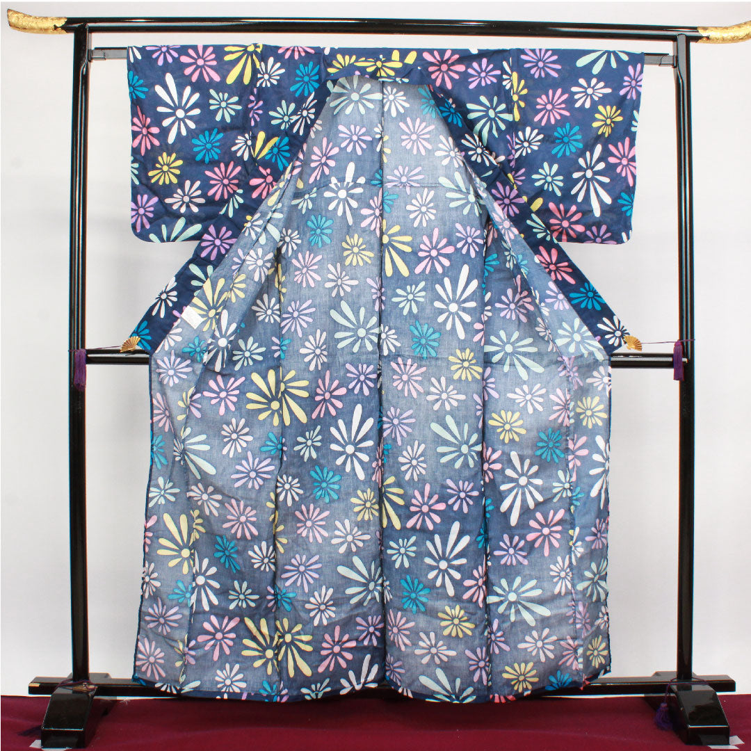 浴衣 鉄葡萄色 抽象模様 木綿 Sランク 単衣 身丈161cm 裄丈65cm 紺系 1118002412418