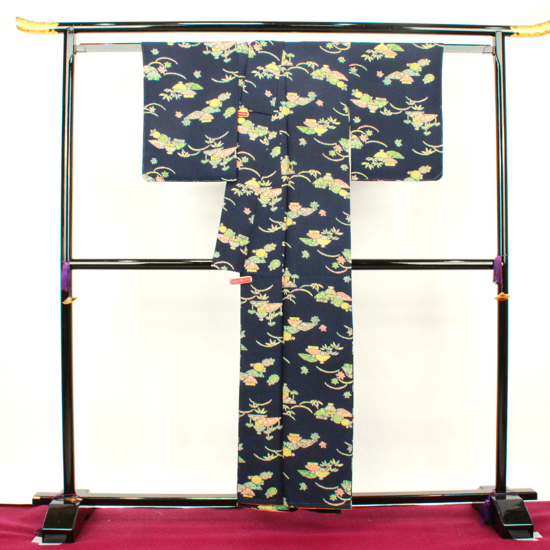 小紋 身丈155cm 裄丈63cm 袷 濃紺色 型染 正絹 Aランク 紺系 1115002983318