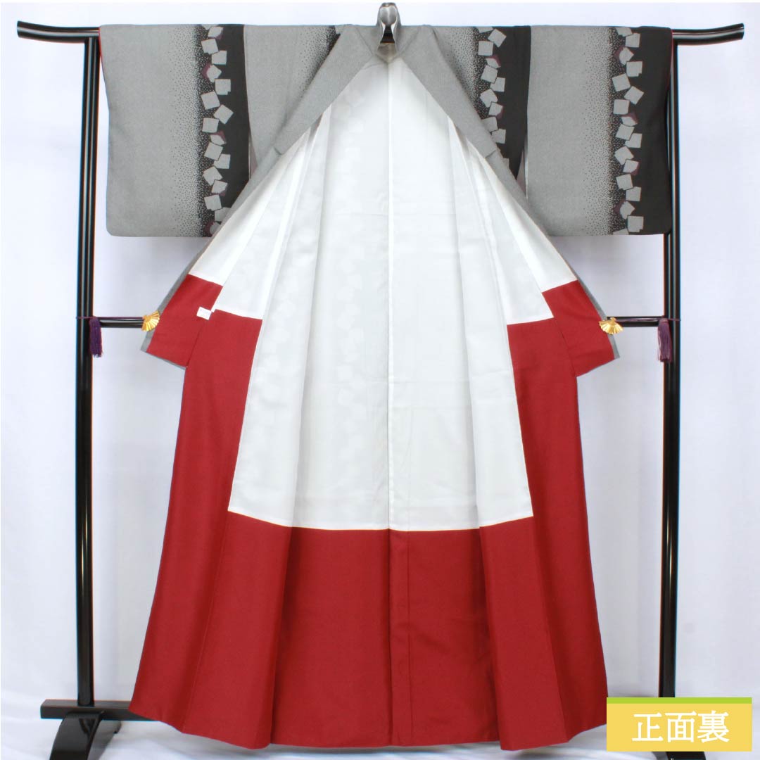 小紋 ポリエステル Sランク 身丈161.5cm 裄丈64cm 袷 抽象模様 洗える着物 モノトーン 1115007492427