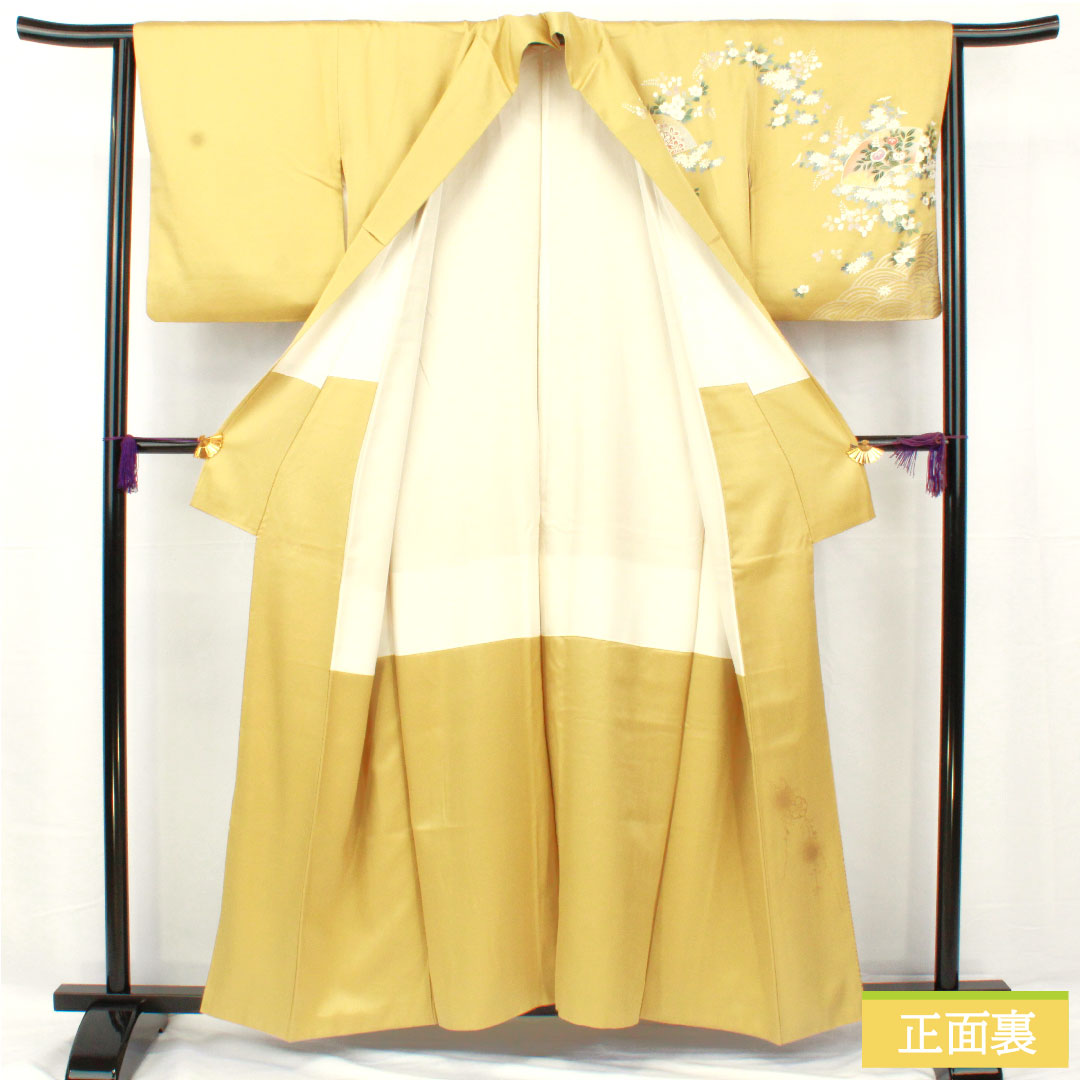 訪問着 正絹 袷 身丈156.5cm 裄丈63cm 窃黄色(せっこういろ) 京友禅 桜 菊 萩 Aランク 黄系 1112005243323