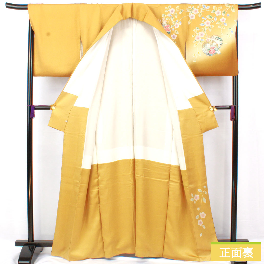 Homongi, pure silk, lined, length 163cm, sleeve length 69cm, yellow paper color, Kyoto Yuzen, cherry blossom, chrysanthemum, pink, new harebare processing, S rank, yellow, 1112005152423