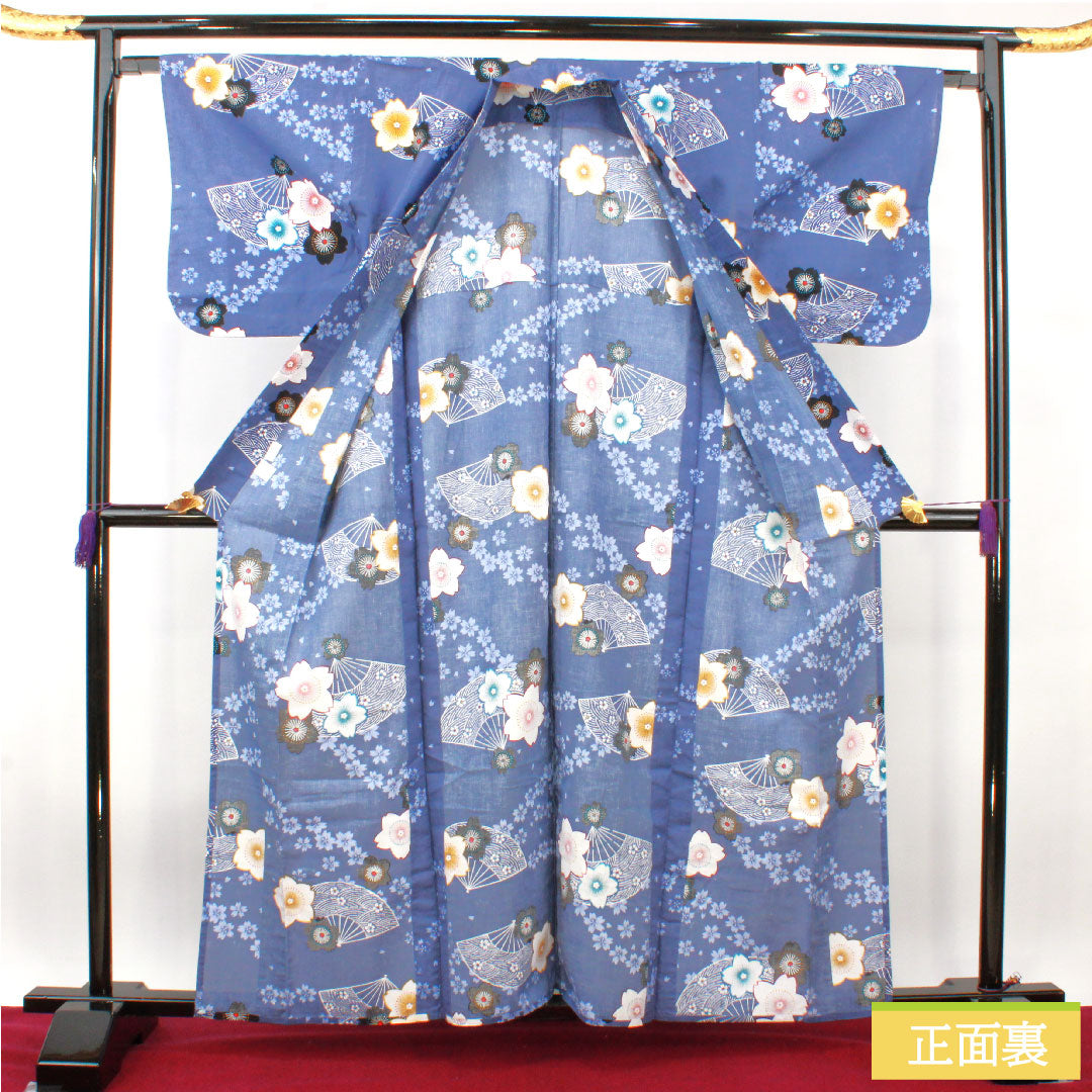 浴衣 木綿 身丈160cm 裄丈64cm Sランク 単衣 青系 江戸納戸色(えどなんどいろ) 桜 扇子 1118005192417