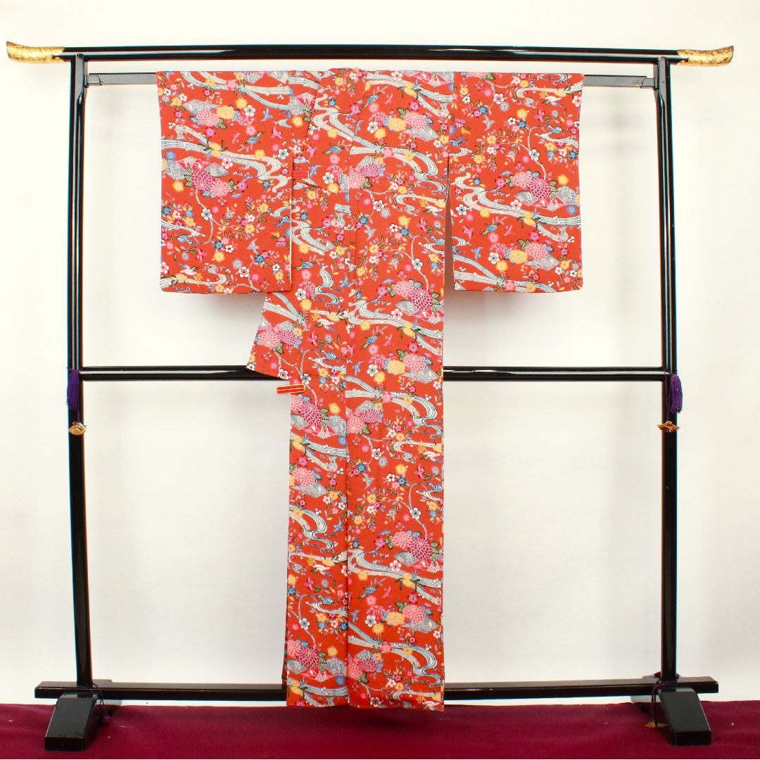 小紋 身丈157.5cm 裄丈64.5cm 袷 赭色 京紅型 草花模様 正絹 Sランク 茶系 1115002462314