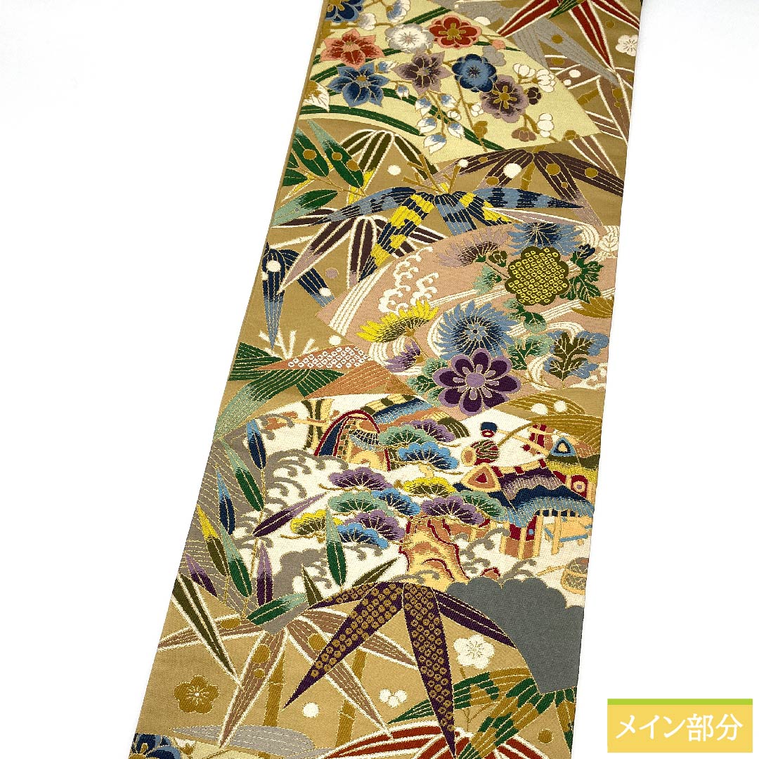 袋帯 胡桃色(くるみいろ) 白綾苑大庭 吉祥文様 松竹梅 帯丈418cm 正絹 Sランク 六通 フォーマル ベージュ系 1123010132325