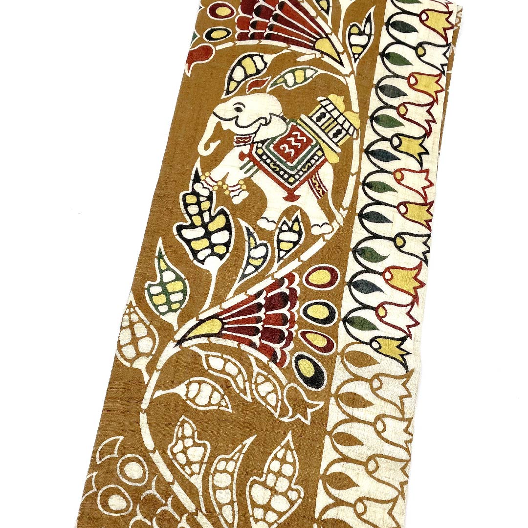 名古屋帯 幹色 京紅型 栗山工房 象 抽象花模様 帯丈376cm 麻 Sランク ポイント柄 カジュアル 茶系 1124005262314 名古屋仕立て