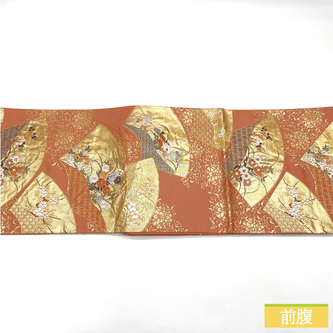 袋帯 正絹 Aランク 西陣織 扇面 草花模様 帯丈432cm 六通 フォーマル ピンク系 1123017253313