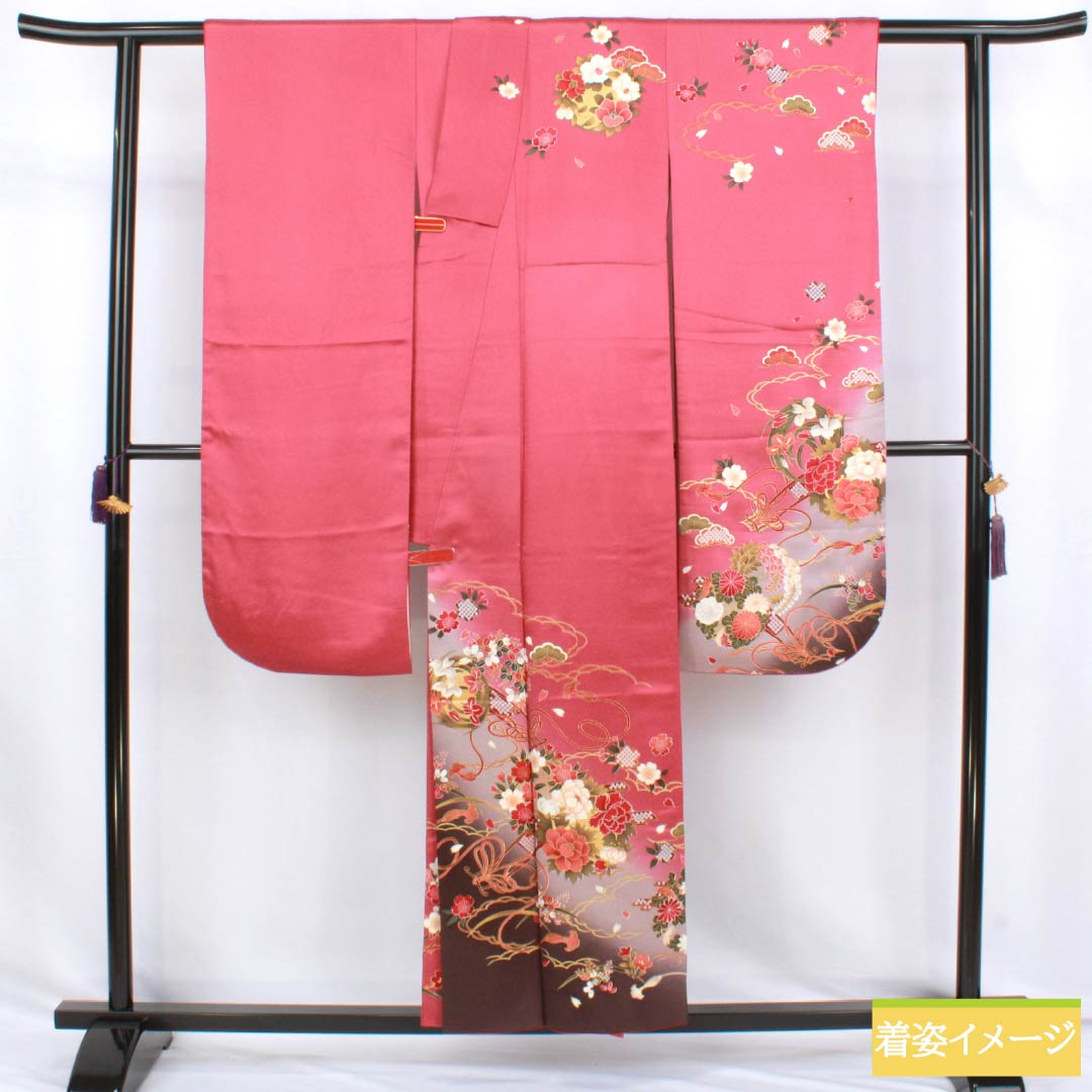 振袖 正絹 Aランク 身丈153.5cm 裄丈64cm 袷 紅鶸色(べにひわいろ) 京友禅 花丸文 牡丹 ソフトガード加工 ピンク系 1113002843213